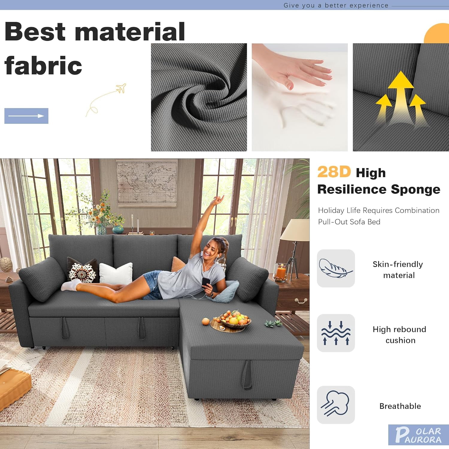 Betisef Sleeper Soft Bed,Pull Out Couch Bed with Storage Chaise,Iron Frame Soft Futon Sofa,Convertible Sleeper Couch for Living Room/Apartment/Office. (Corduroy L-Shape, Dark Gray)
