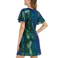 thumbnail image 5 of Jdlsppl Women's V Neck Skater Dress 50s Disco Sequin Flutter Short Sleeve Metallic Glitter Short Cocktail Party Modest Hoco Homecoming Dress Green Small, 5 of 5