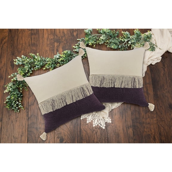 Laddha Home Designs Loomed Color Block Tassel Fringe Cotton Throw Pillow - 20" - Purple and Cream