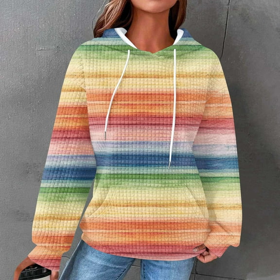 Olyvenn Waffles Knit Hoodie Long Sleeve Fashion Multicolored Sweatshirt Comfy Casual Drawstring Pullover Tops with Pockets Multicolor L