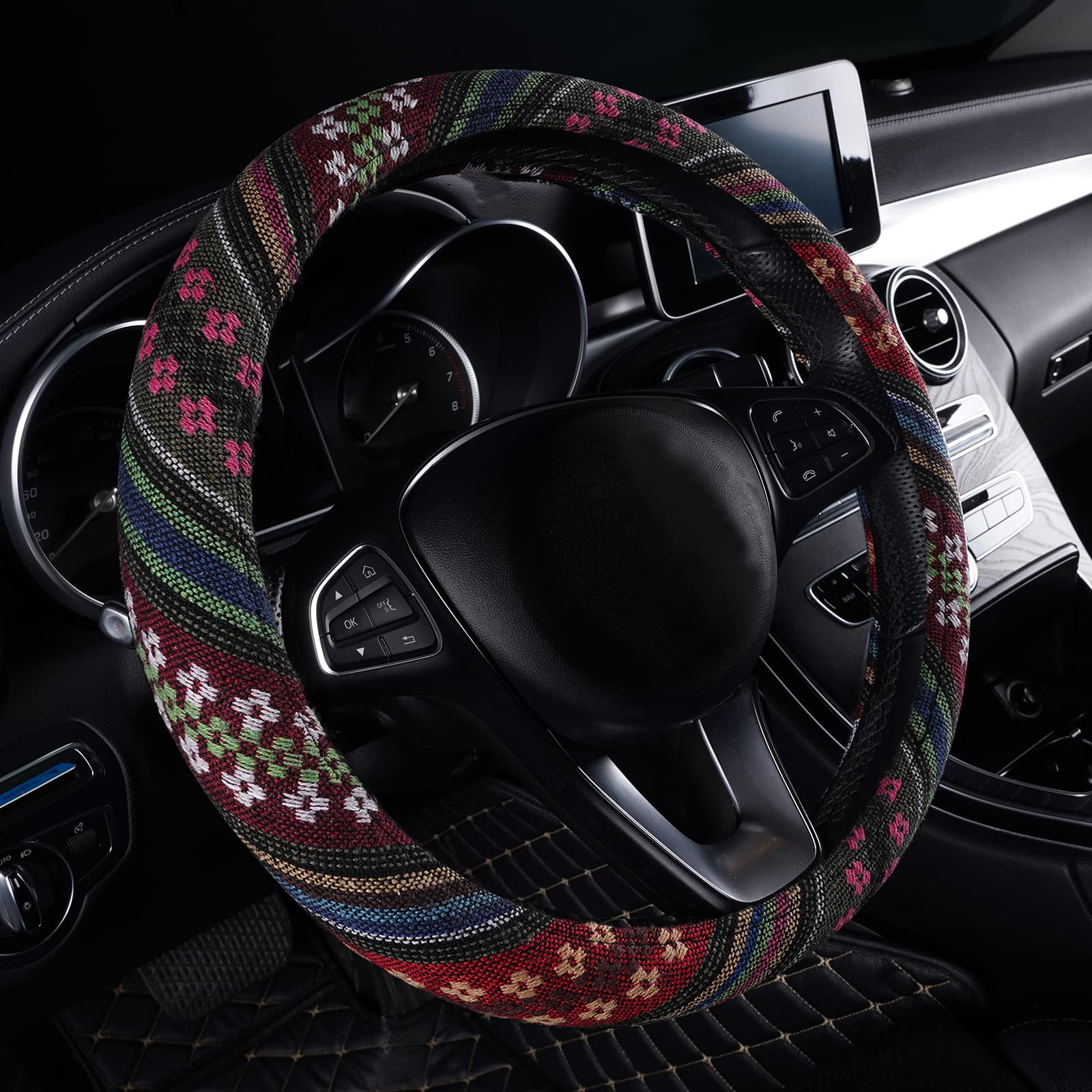 MICTOC Boho Steering Wheel Cover,15 Inch Coarse Flax Cloth Ethnic Style