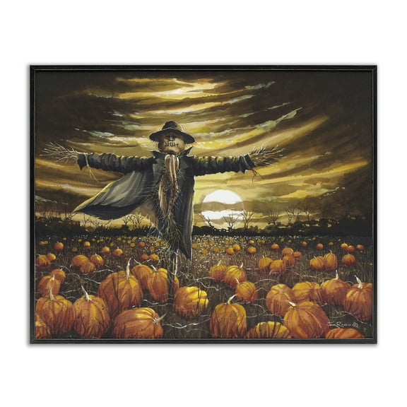 Stupell Industries Scarecrow in Pumpkin Field Holiday Painting Black Framed Art Print Wall Art, 14 x 11