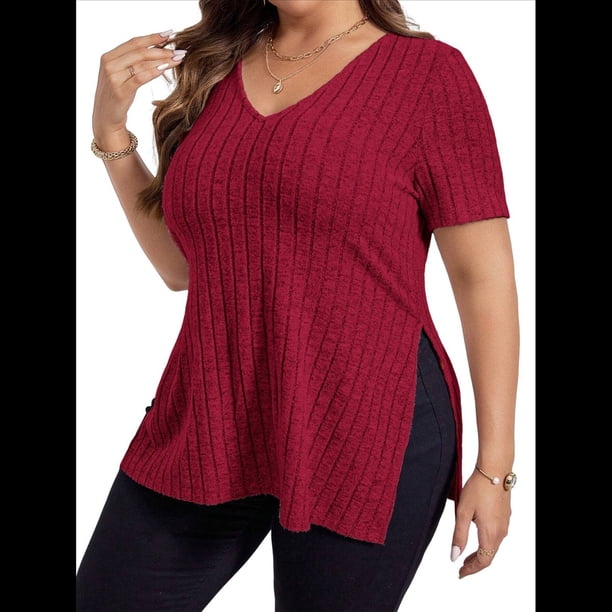 Blusas de Talla Grande para Mujer, Informales, con Cuello en V, Corta y Dobladillo Dividido, para Verano. Rojo XXL