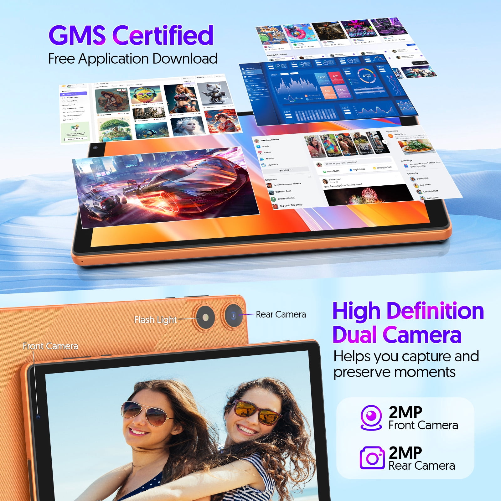 Android 16 Tablet, 10.1 inch, Five-core CPU, RAM 3GB, ROM 32GB (Up to 1TB), 800x1280 IPS, 5G WiFi 6, 2MP+2MP, 6000mAh-Orange