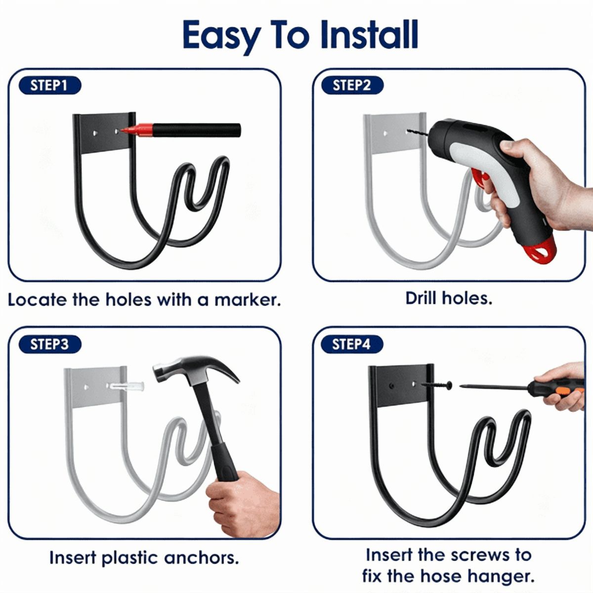 2PCS Wall Mount Garden Hose Holder, 304 Stainless Steel Hose Hanger with U‑Shaped Nozzle Slot, Holds Up to 150ft 1/2‑Inch Hose for Yard, Patio & Outdoor Organization