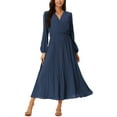 thumbnail image 1 of INSPIRE CHIC Robe Plissée pour Femme Manches Longues Bouffantes Col en V Robe avec Ceinture à la Taille m Bleu Marine, 1 of 6
