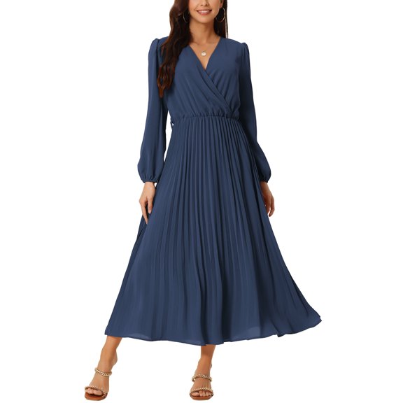 INSPIRE CHIC Women's Pleated Dress Puff Long Sleeve V Neck Belt Waist Dress L Navy Blue