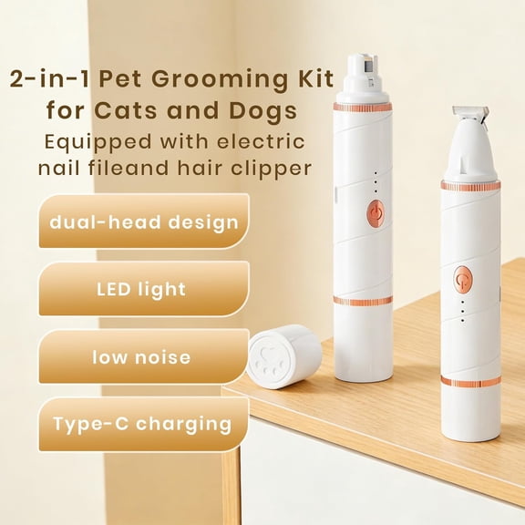 2-in-1 Dog Nail Grinder & Grooming Clippers, Quiet Type-C Rechargeable Pet Trimmer with LED Light