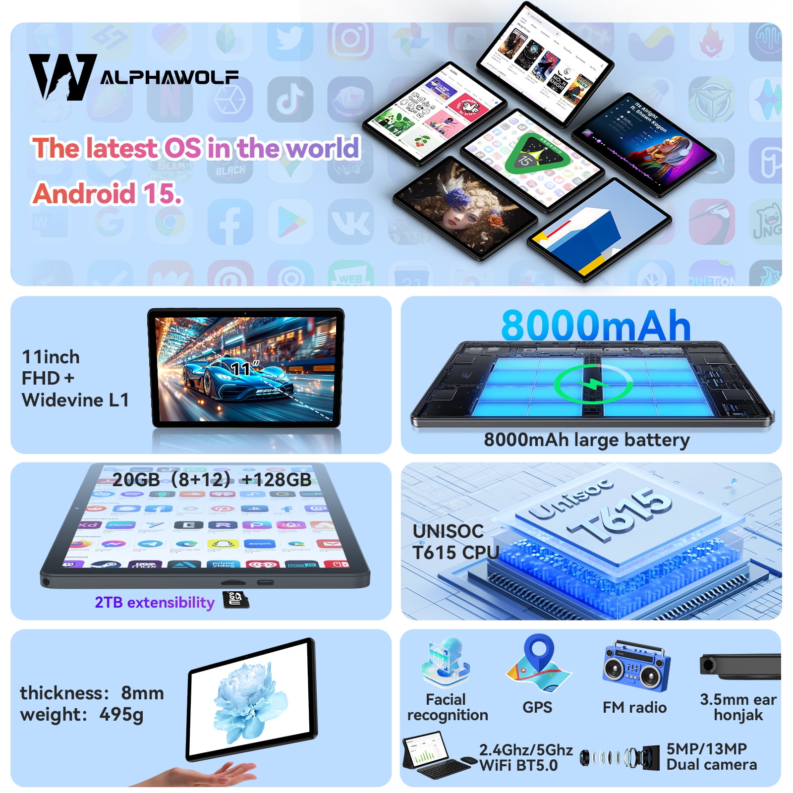 Alphawolf L3A 11inch Tablet Android 16 Gemini3.0 Tablet, T615 Octa-core with 20GB+128GB Tablets, 8000mAh/18W, 5MP+13MP, Widevine L1