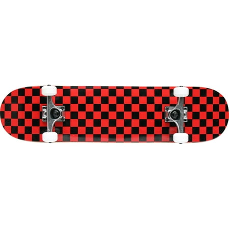 Checker Red/Black Pro Complete Skateboard 7.5 White Wheels Raw (Best Skateboard Trucks For Heavy Riders)
