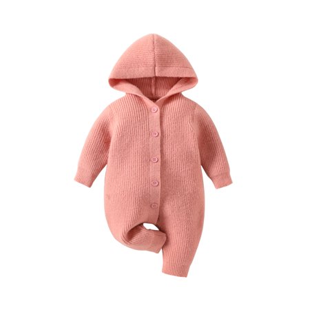 

Ma&Maby Infant Baby Girl Hooded Romper with Solid Color Single Breasted Thickened Warm Knitted Clothing