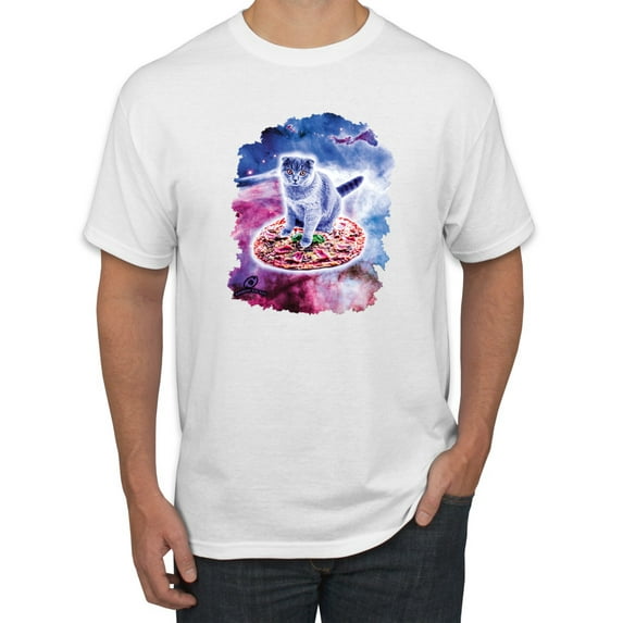 Wild Bobby, Cute Trippy Space Cat Riding Pizza, Animal Lover, Men Graphic Tees, White, 5XL