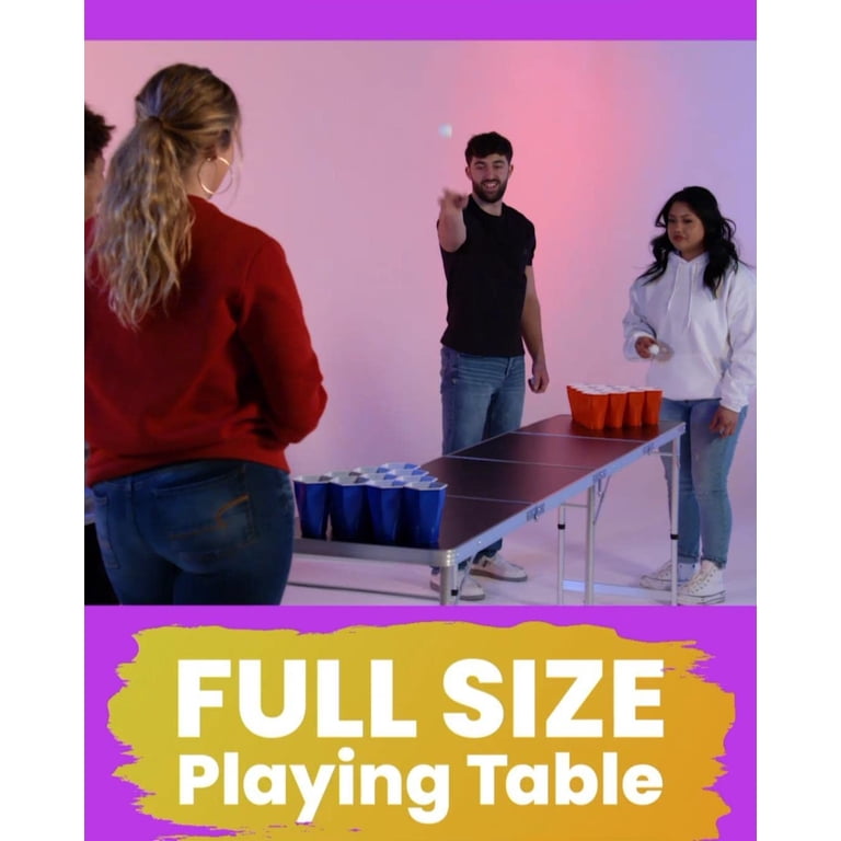 PartyPong 8-Foot Folding Beer Pong Table - Minnesota Football Field Design, With LED Lights & Cup Holes