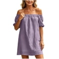 thumbnail image 3 of Lcziwo Womens Cotton Linen Summer Dresses Off Shoulder Short Sleeve Mini Dress Casual Loose Beach Vacation Sundress with Pockets Purple,M, 3 of 9
