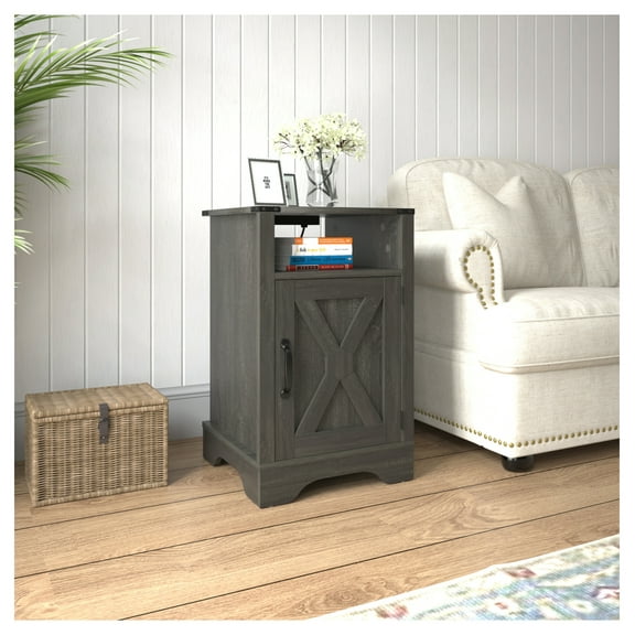 Farmhouse Nightstand with Charging Station - Rustic End Table with Outlets - Tall Bedside Table with Storage - Dark Gray Wood DARK GREY Engineered Wood