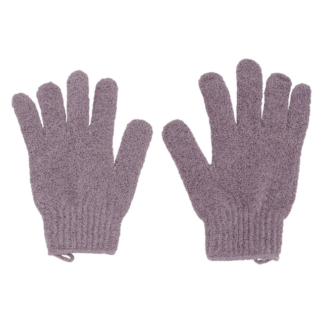 1 Pair Bath Exfoliating Glove Five Fingers Body Scrub Gloves Bath Shower Sauna Scrubber Mitt for Men Women in purple color. Made of nylon material, these exfoliating gloves feature a stretchy design for a comfortable fit and can be used on both sides. Perfect for cleansing and exfoliating with soap, body scrubs, shower gels, or sea salts.