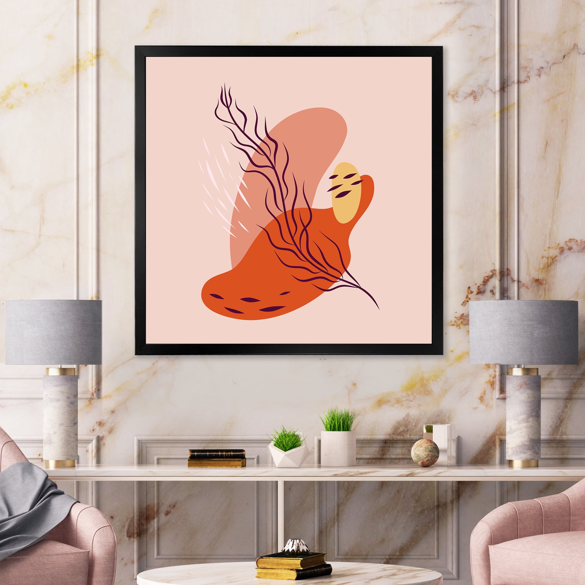 Abstract Warm Colors Spring Leaf 36 in x 36 in Framed Painting Canvas Art Print, by Designart