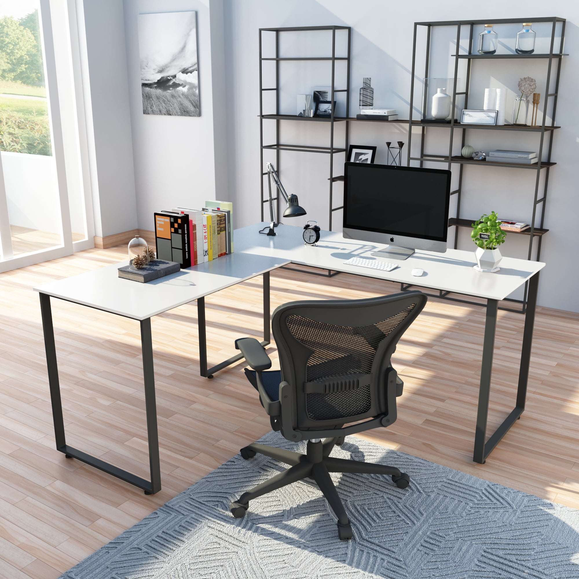 Beech Metal and Wood Corner Homy Casa Inc L Shaped Industrial Writing Workstation Table for Home Office Study Computer Desk