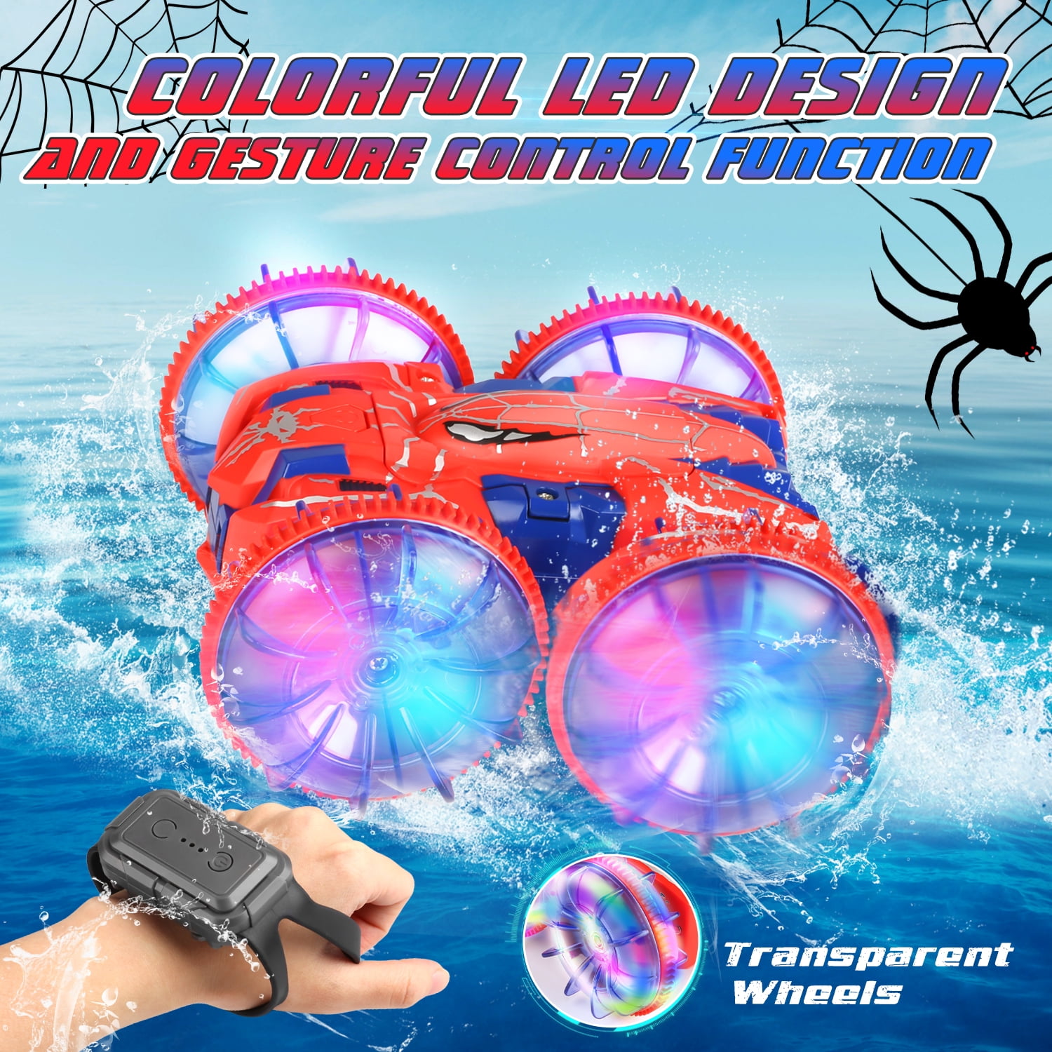 Huge Wave Amphibious RC Stunt Car for Boys, 2.4GHz 4WD Double-Sided Drift Car, Dual Gesture & Controller Control, LED Light Spider Design Vehicle Toy,Christmas Toys Gift for Kids Aged 6-12