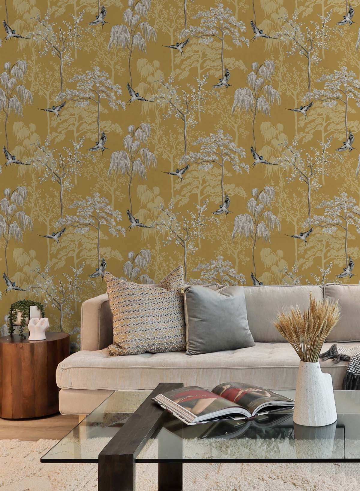 NextWall Arthouse Bird Garden Peel and Stick Wallpaper 20.5 in. W x 18 ft. L - Ochre