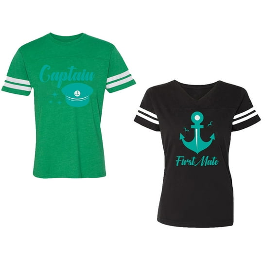 Captain First Mate Unisex Couple Matching Cotton Jersey style T-Shirt Contrasting stripes on sleeves (Men Green / Women Black) (Men S / Women S)
