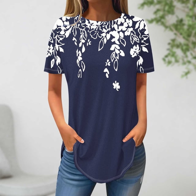 Blouses pour Femmes, Mode Féminine Blouse à Manches Courtes Col Rond Hauts Décontractés