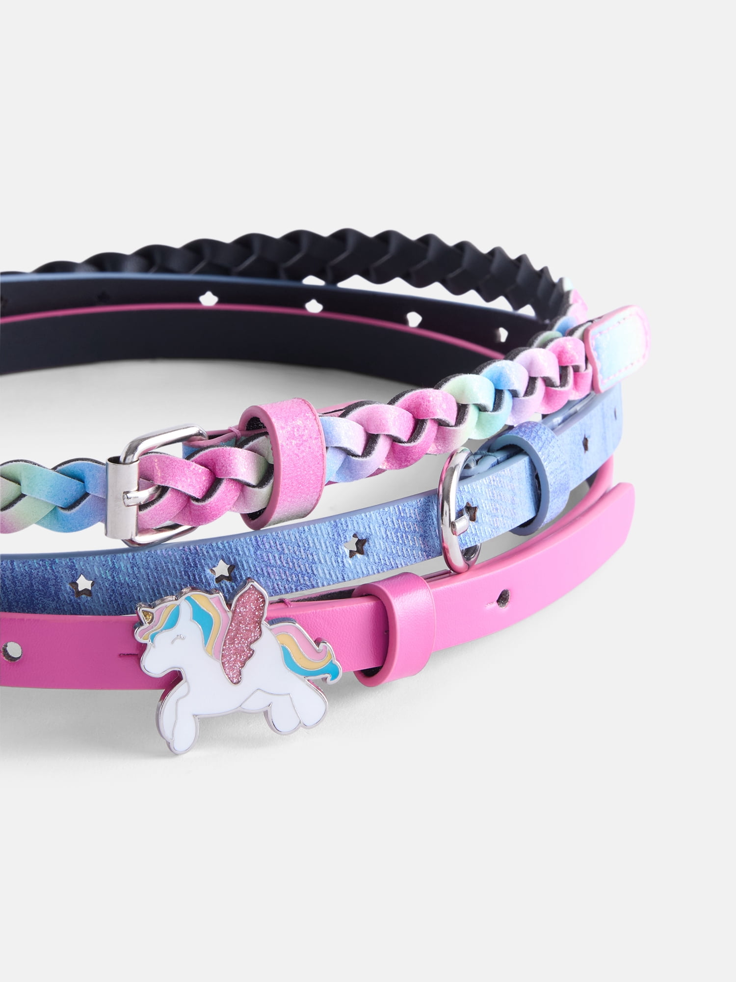 Wonder Nation Girl Rainbow Braided, Star and Unicorn Belts, 3-Pack, Sizes XS-XXL