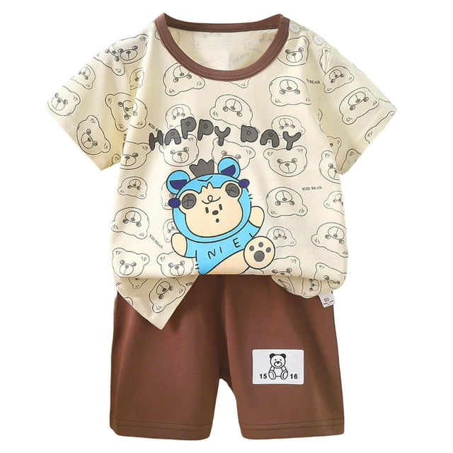 Ensemble 2 Pcs pour Enfants Garçons Filles Été Imprimé Dessin Animé Manches Courtes Hauts et Shorts