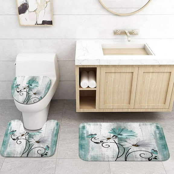 Rustic Farmhouse Bath Mat Set, Farm Teal Daisy Floral Flowers and Butterfly on Country Wooden Bathroom Mat Set with Non-Slip Bath Rug, Soft Toilet Lid Cover and Contour Mat, Turquoise Blue (Teal)