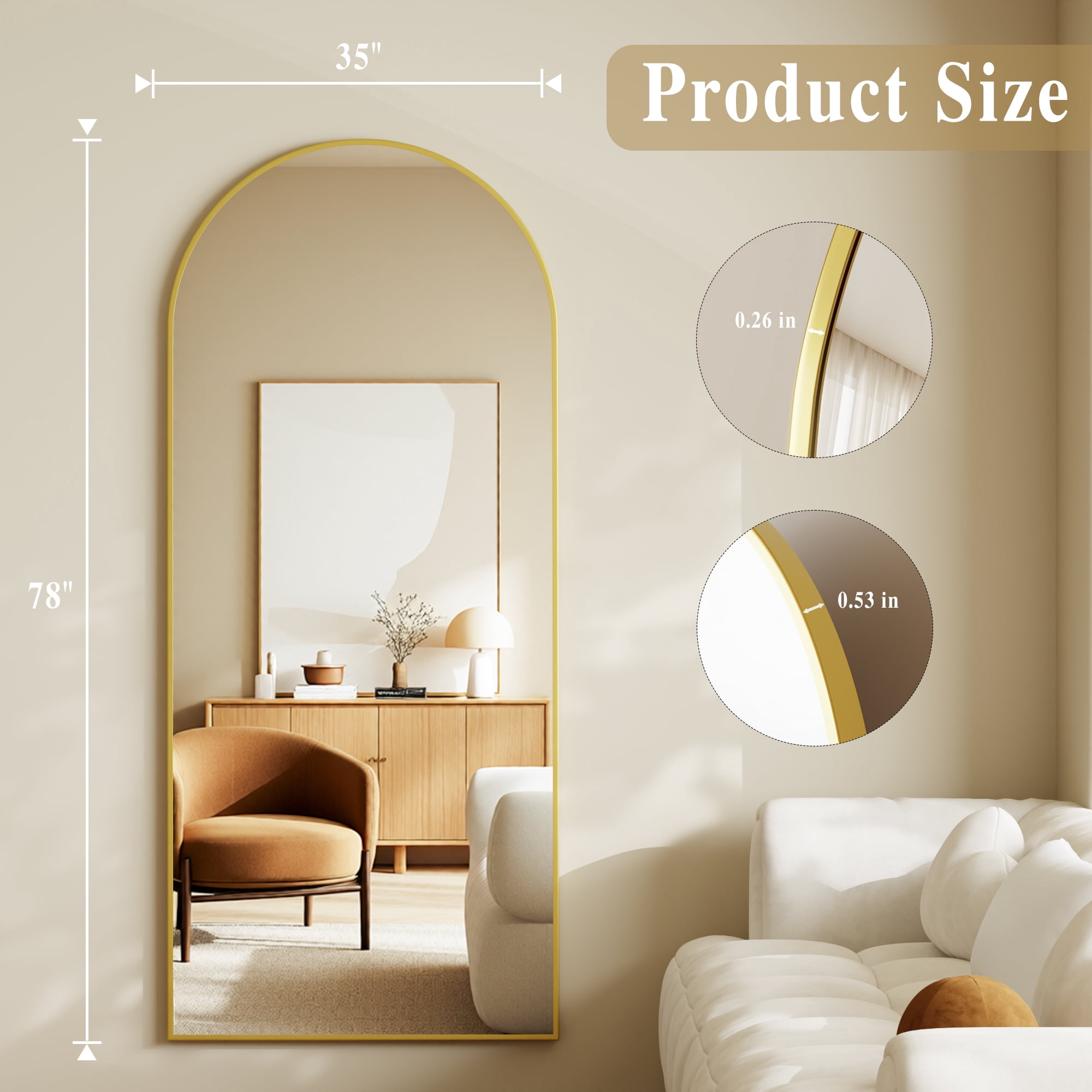 SHATTERVUE 78"x35" Arched Large Full Length Mirror Floor Mirrors Wall Mounted,Gold