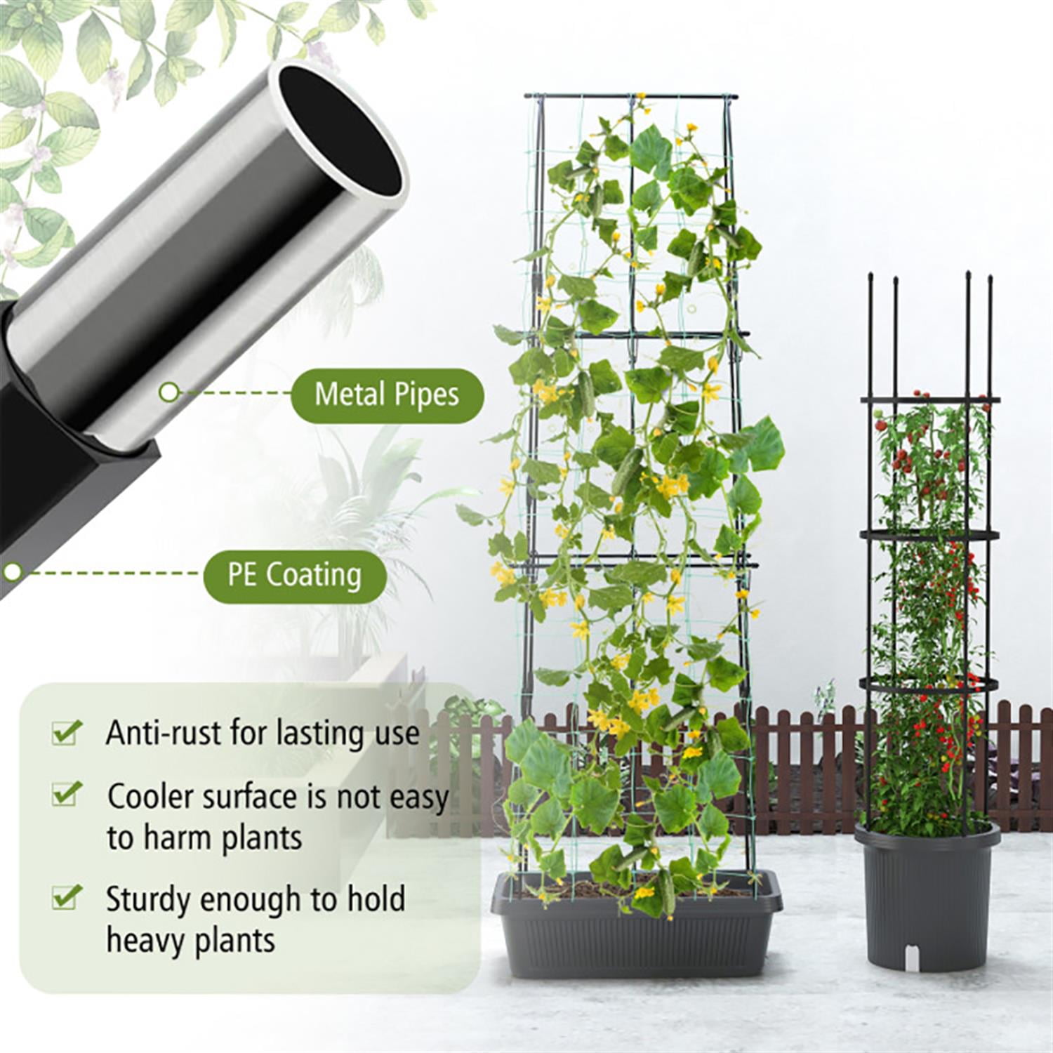 Spaco 2 Pack Planter Box with Trellis Cucumber Trellis Tomato Cage, Horticulture Outdoor Garden Bed for Patio, Lawn, Yard, Balcony, Black