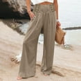thumbnail image 2 of YUGYXL High Elastic Waist Linen Pants for Women Button Up Palazzo Pants with Pockets Summer Lightweight Wide Leg Pants Khaki XL, 2 of 6