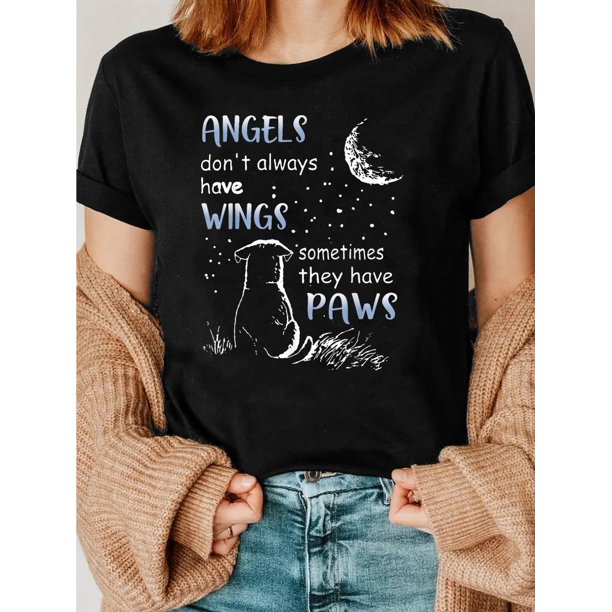 Women'S Casual Crew Neck T-Shirt with Cartoon Dog & Moon Design, "Angels Don't Always Have Wings" Quote, Short Sleeve, Regular Fit, 100% Cotton, Slight Stretch, All Season Pullovers - H