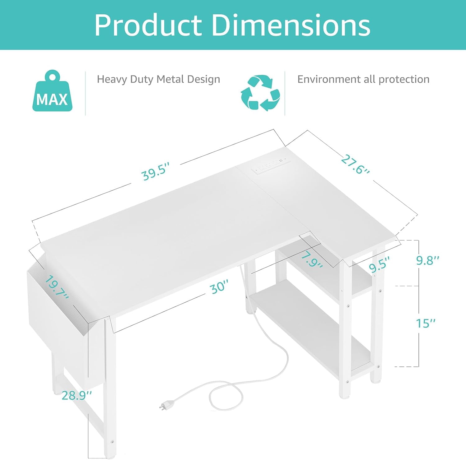 Lufeiya White L Shaped Computer Desk with Power Outlet Shelves, 40 Inch Small Corner Desk for Small Space Home Office, L-Shaped Desk PC Desks, White