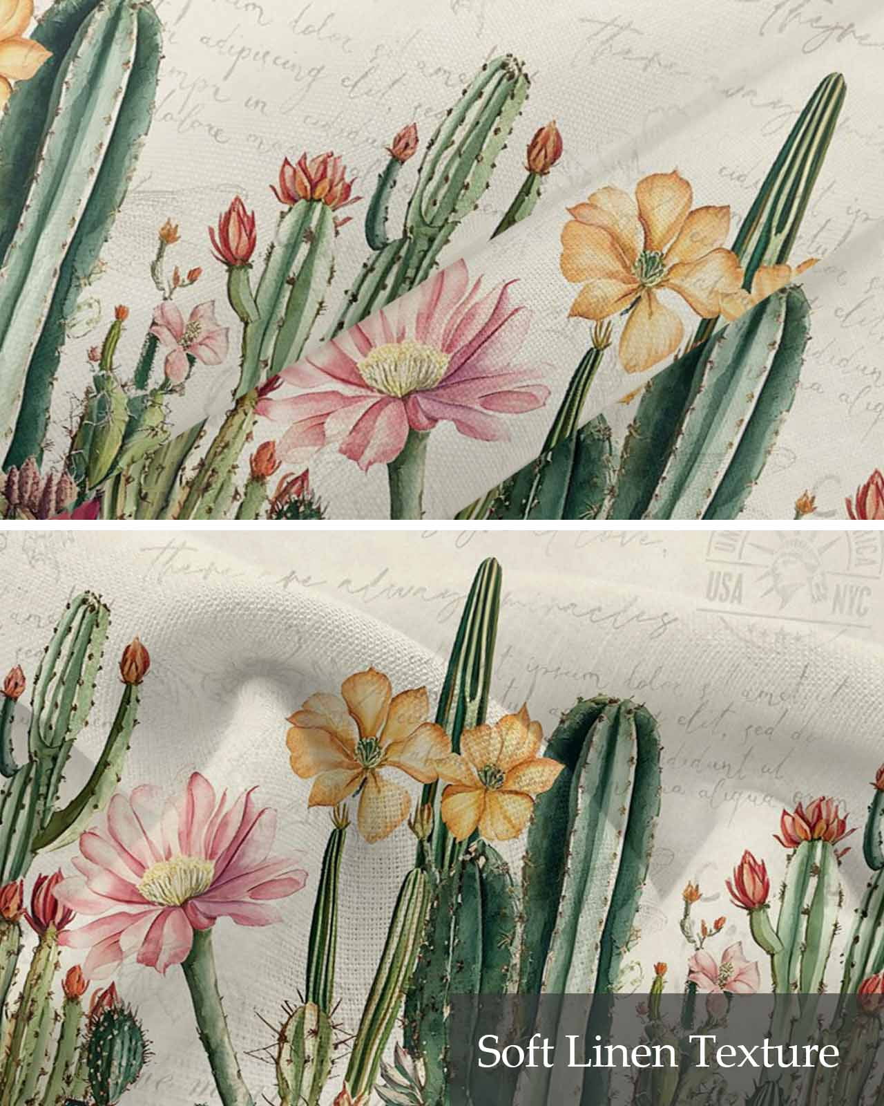 Vintage Green Cactus Kitchen Valances for Windows Farmhouse Linen Window Valance Curtain for Living Room Window Treatment Spring Floral Watercolor Botanical Valance Rod Pocket Topper, 54 x 18 Inch