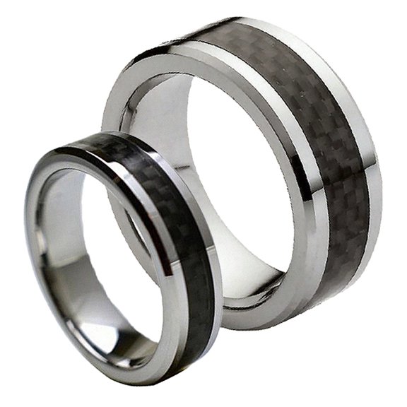 For Him & Her 8MM/6MM Tungsten Carbide With Black Carbon Fiber Inlay Wedding Band Ring Set