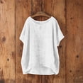 thumbnail image 5 of CYMMPU Women's Summer Solid Color Crew Neck Faux Linen Batwing Top, Loose Short Sleeve Casual Lightweight Blouse White S, 5 of 6