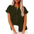 thumbnail image 2 of gbyLJF Womens Linen Short Sleeve Tops Solid Color Round Neck Open Front Blouses Lightweight Button Down Summer Shirts, 2 of 7