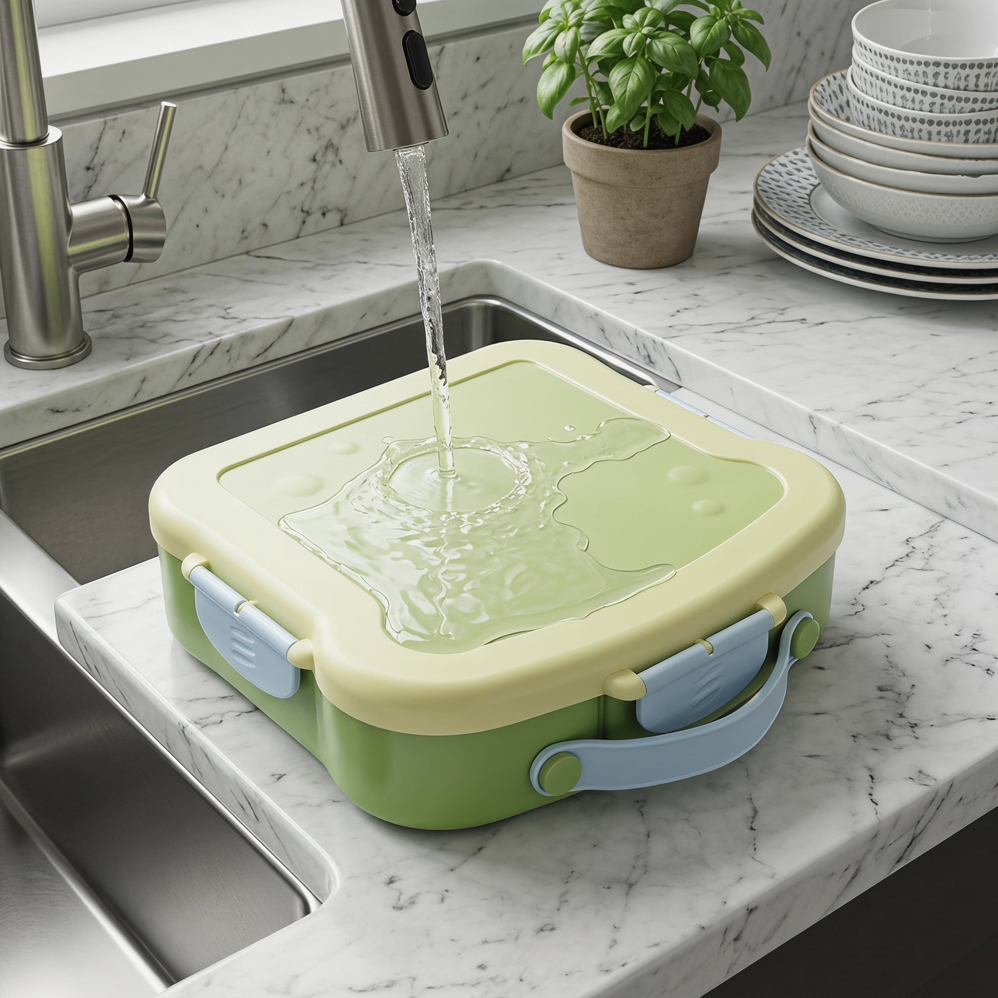 Unique Bargains 4-Compartment Meal Lunch Bento Box with Matching Cutlery Green