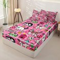 thumbnail image 3 of Manfei Playful Cat Zipper Queen Comforter Set with Fitted Sheet and 2 Pillowcases, Party Pet Sticker Zipper Bedding Set, Bright Pink, Pink Reversible, 4 Pieces, 3 of 7