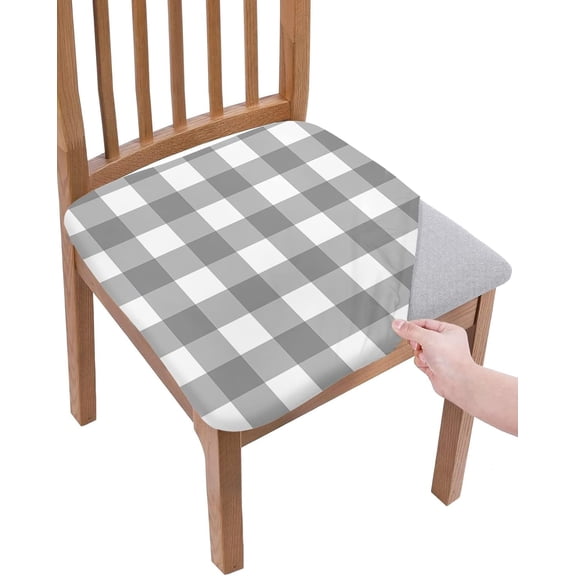 Grey Checkered Seat Covers for Dining Room Chairs Covers, Office Chair Seat Cover, Farmhouse White Buffalo Plaid Chair Slipcovers Stretch Cushion Protector for Kitchen Banquet Set of 6