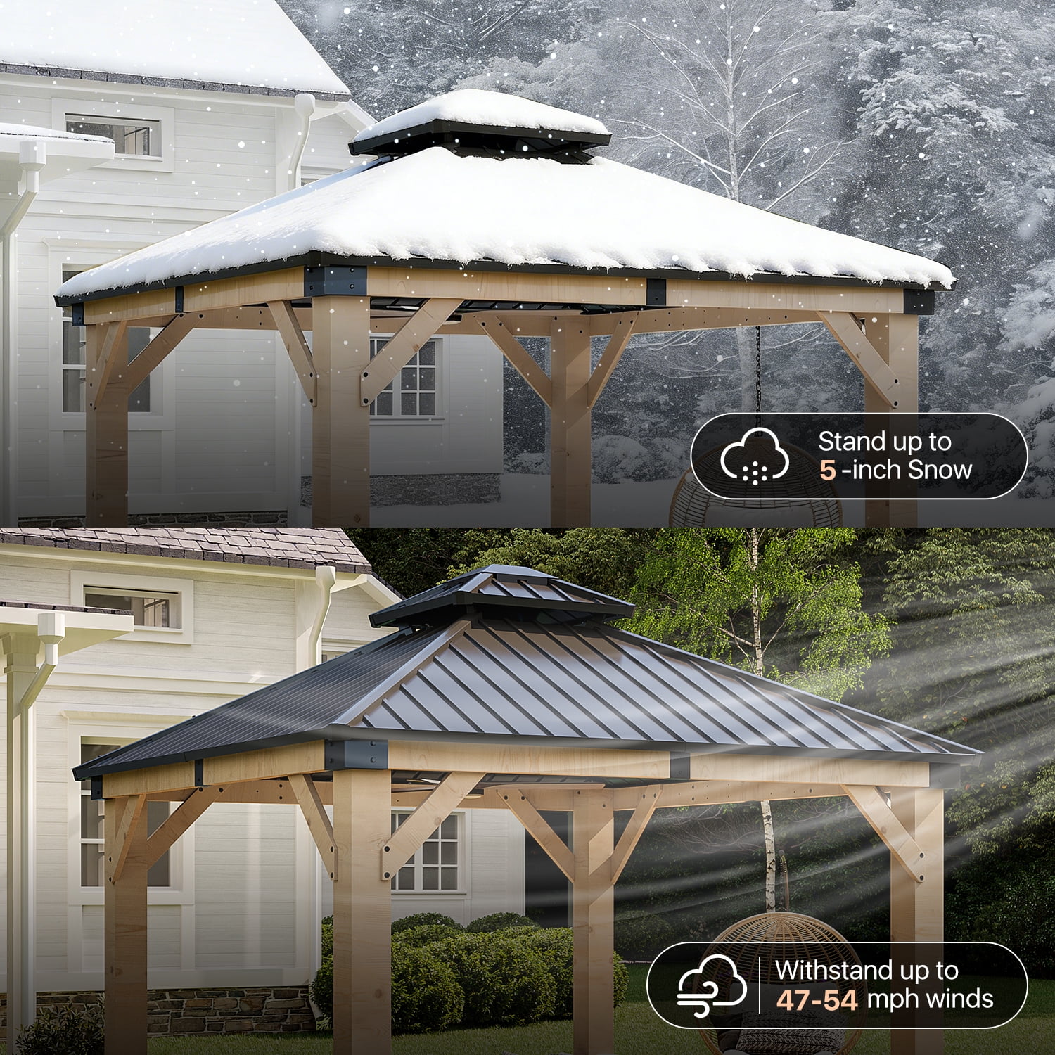 BaPiPro 10x10FT Double Roof Hardtop Wooden Gazebo Quick-Assembly Canopy for Patio Garden, Light Gray