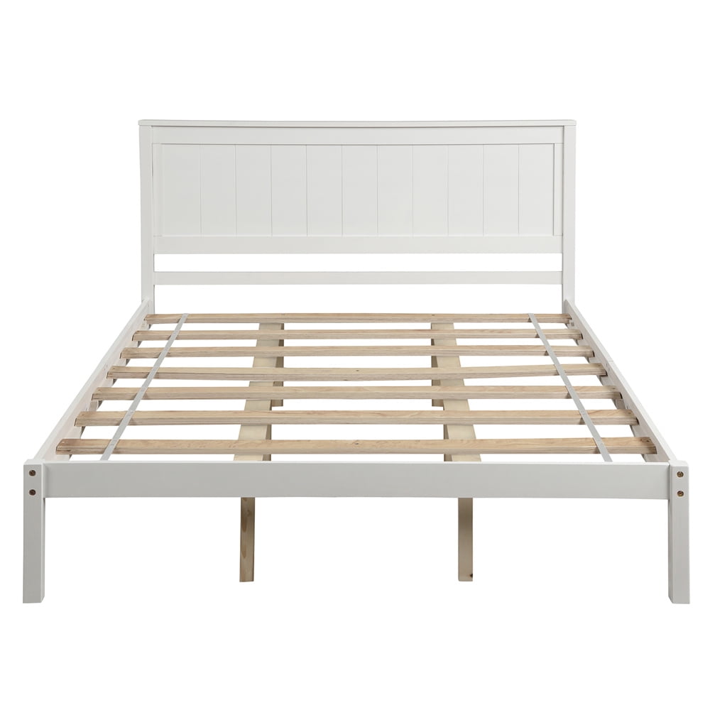 Queen Bed Frame, White Wood Platform Bed Frame with Headboard, Modern