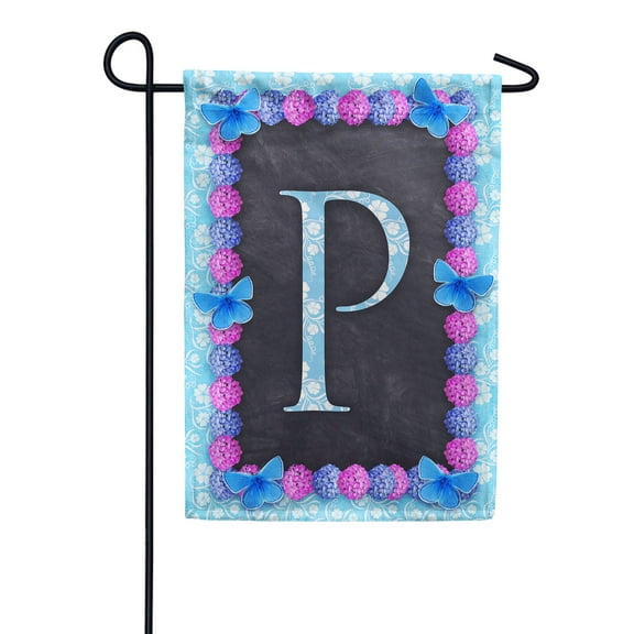 America Forever Spring Monogram Garden Flag Letter P 12.5 x 18 inches P Double Sided Vertical Outdoor, Yard, Lawn, Decorative Seasonal, Hydrangeas, Blue Butterflies Bees Summer Floral Garden Flag