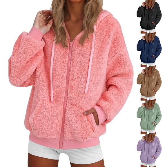 larppty Womens Fleece Jacket Fall Winter Full Zip Sherpa Coat with Hood（Black，S）