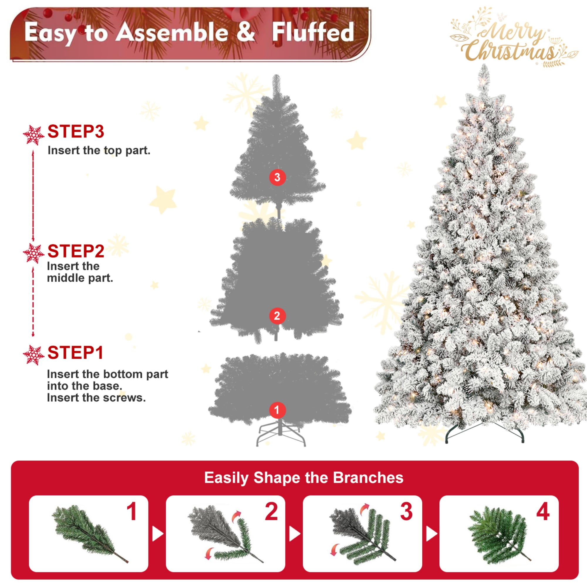 DEALTOPS 8 FT Snow-Flocked Pre-Lit Artificial Christmas Tree, 1754 Tips & 700 UL Lights, Pine Cones & Stand