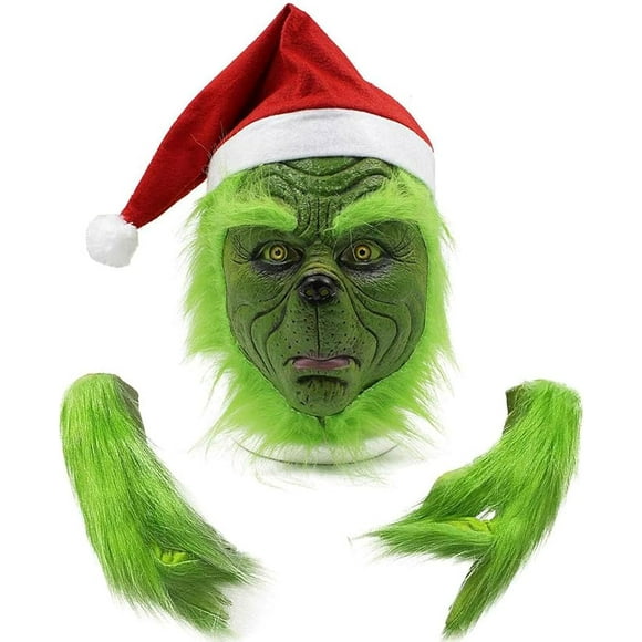 Christmas Costume Mask, Gloves and Hat Grinch Green Monster Mask With Santa Hat for Christmas Halloween, Costume Latex Mask Adult, Scary Full Head Mask Party Prop Christmas Decorations