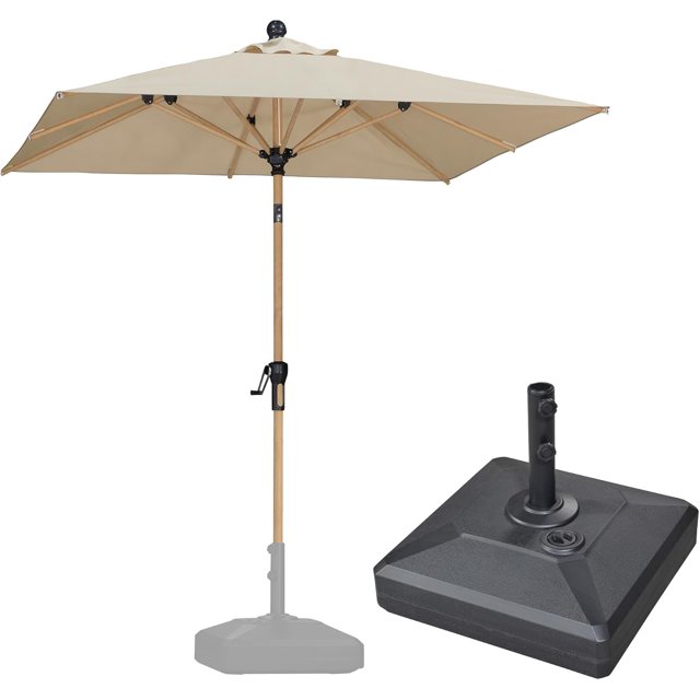PURPLE LEAF 6' x 9' Patio Umbrella with Base Market Umbrella Rectangular Outdoor Umbrella with Push Button Tilt & Crank and 8 Ribs Aluminum Table Umbrella for Pool Backyard Beach, Taupe