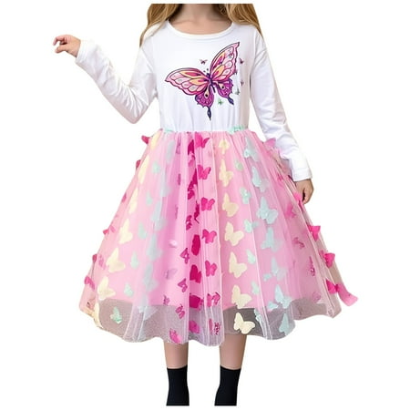 ZACPNCV Dress for Girls Cute Tulle Dress Ruffle Sleeve Birthday Holiday Outfit Clothes Pink 5-6 Years