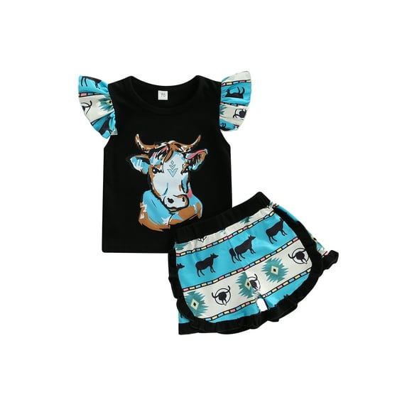Chollius Infant Baby Girls 2Pcs Suit Cattle Head Pattern Crew Neck Fly Sleeve Tops High Waist Ruffle Trimmed Short Pants Summer Sets